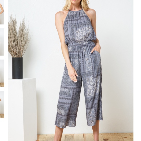 Blue B Collection Pants - NEW Dune Grey Paisley Print Cropped Elastic Waist Jumpsuit